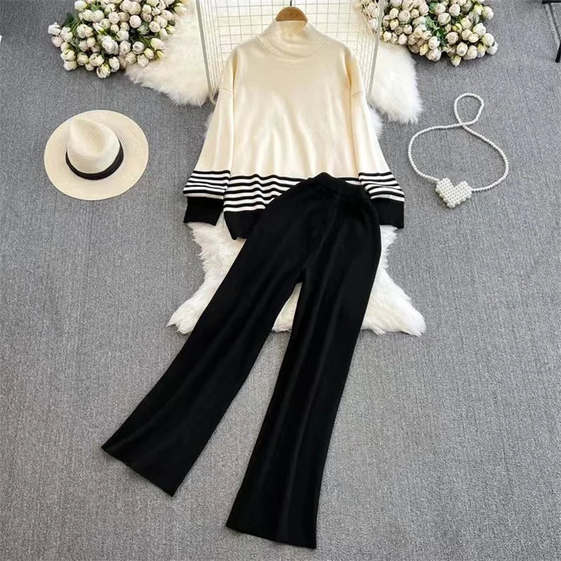 Half High Collar Stripe Stitching Pullover Sweater Womens Korean High Waist Straight Wide Legs Knitted Two Piece Set Sweatshirts - Seprincess