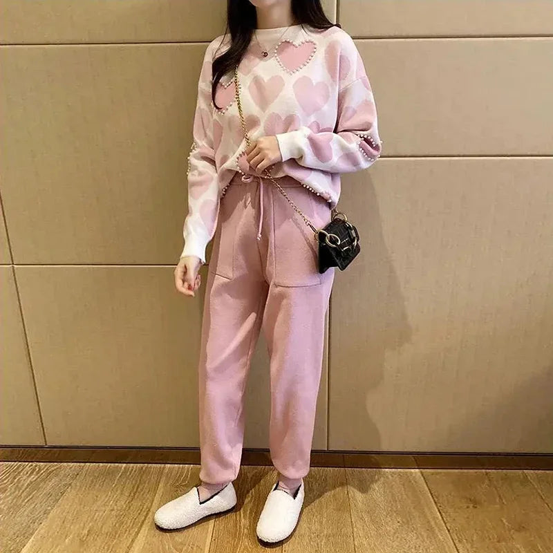 Love Printed Knit Two Peice Set Women Long Sleeve Sweater Pullover Tops Suits  Casual Jogger Pants Conjunto Knitwear Korean Sets - Seprincess