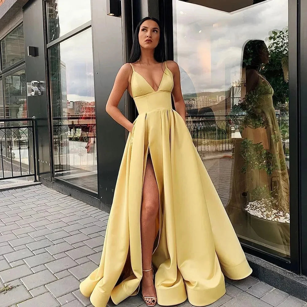 Sexy V Neck Satin Maxi Dress Woman 2024 Spaghetti Strap Side Slit Prom Dress High Waist Evening Gown Party Graduation Long Robe - Seprincess