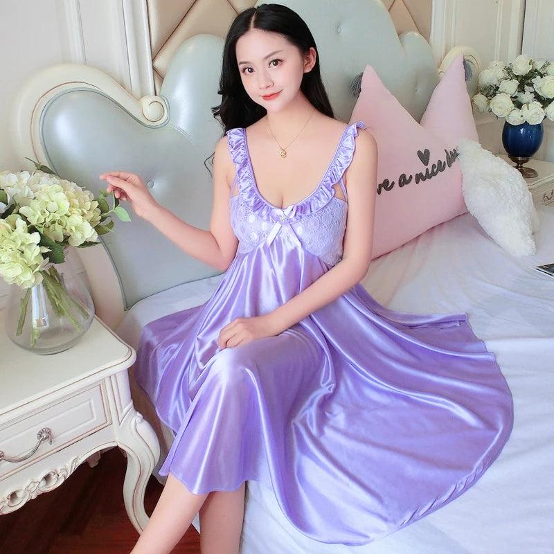 Thin Silk Lady Charming Sleepwear Night Dress Women Sexy Soft Lingerie Spaghetti Strap Home Wear Honeymoon Bride Wedding Nighty - Seprincess