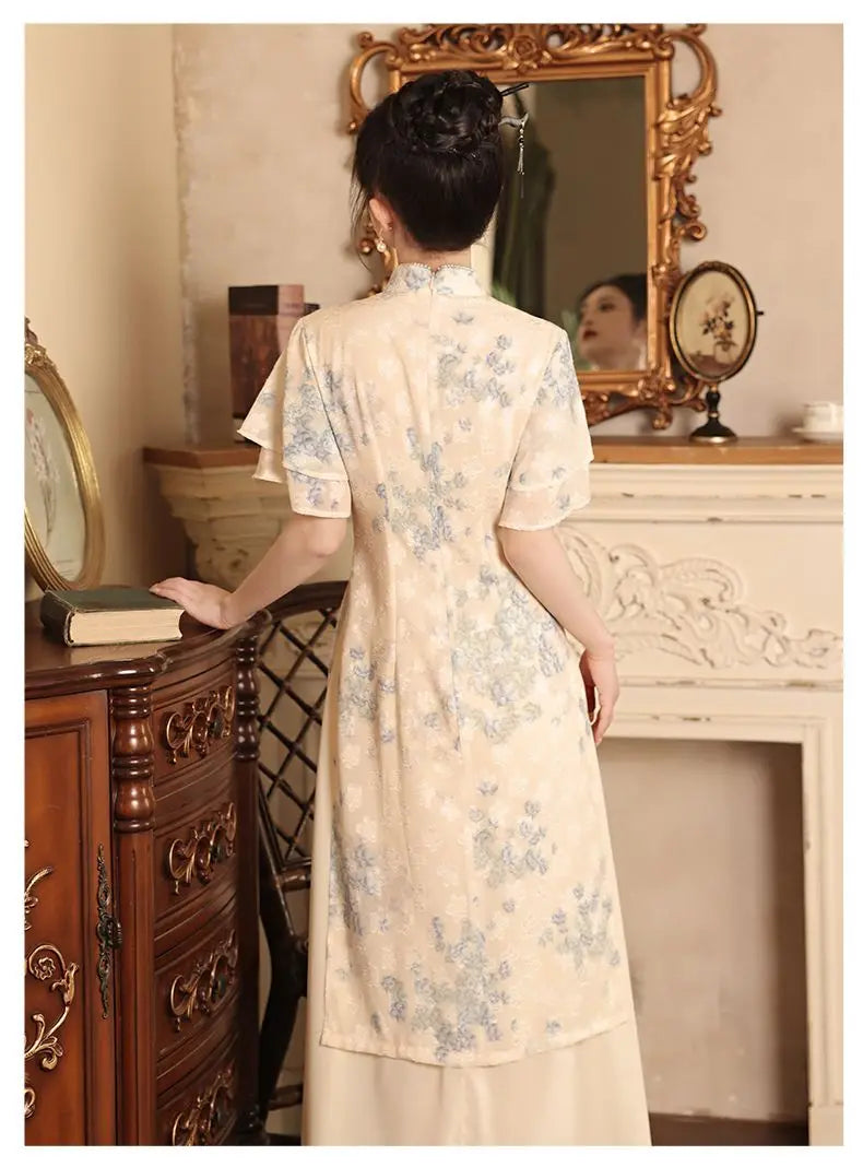 Improved Qipao 2024 New Summer Modern Chinese Style Blue Jacquard Short Sleeve Cheongsam For Women Youth Girls Long Party Dress - Seprincess