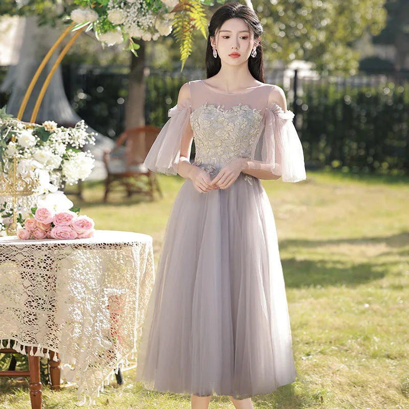 Temperament Grey Bridesmaid Dress Long Wedding Sisters Group Gown Elegant Applique Tulle Off Shoulder Banquet Party Vestido - Seprincess