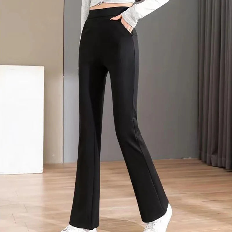 Black All-match Patchwork Pockets Classics Micro Flare Trousers Summer Thin Ventilate Elastic High Waist Women's Casual Pants