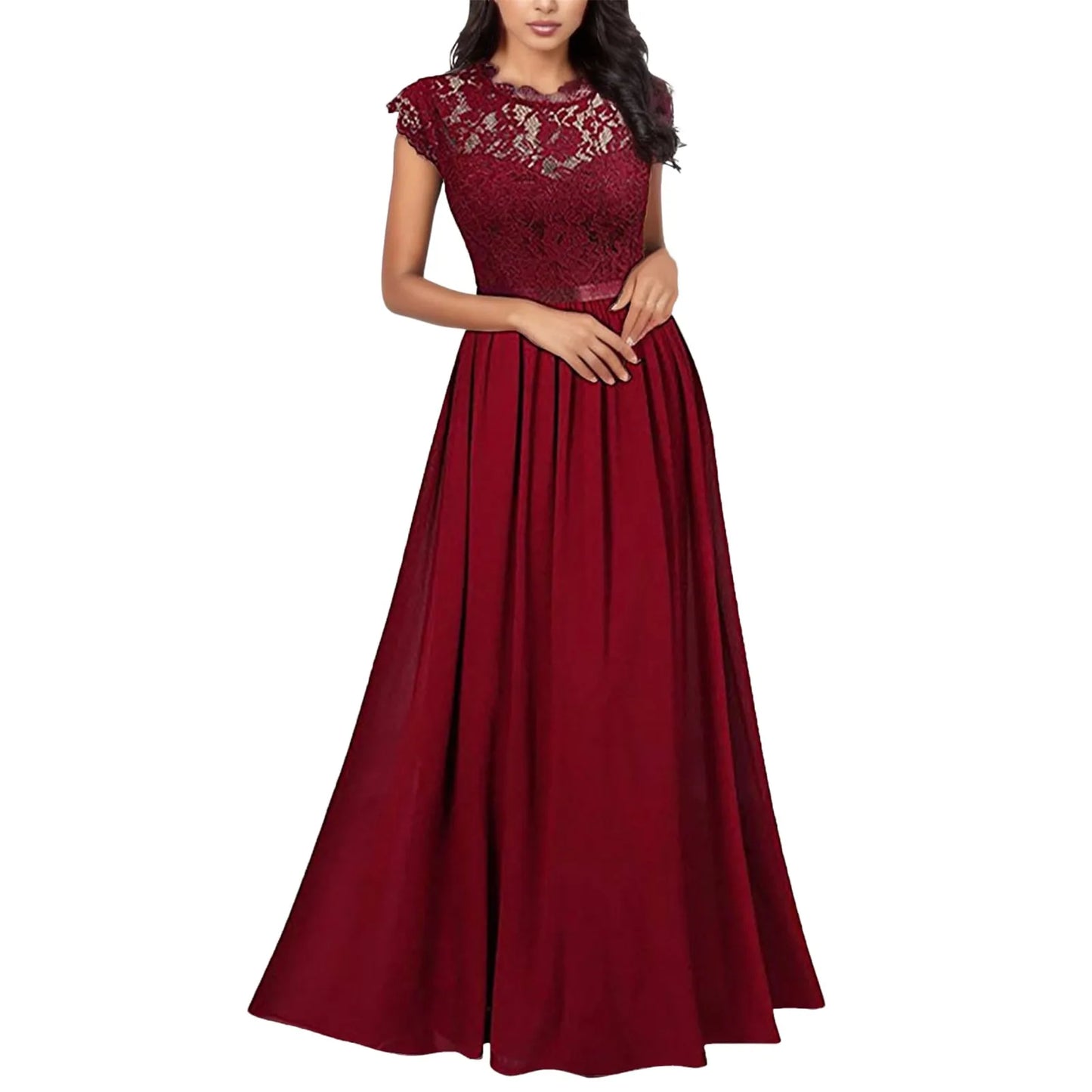 Elegant Women's Bridesmaid Wedding Long Dress Lace V Neck Party Midi Dress Short Sleeved Retro Formal Floor Length Dress - Seprincess