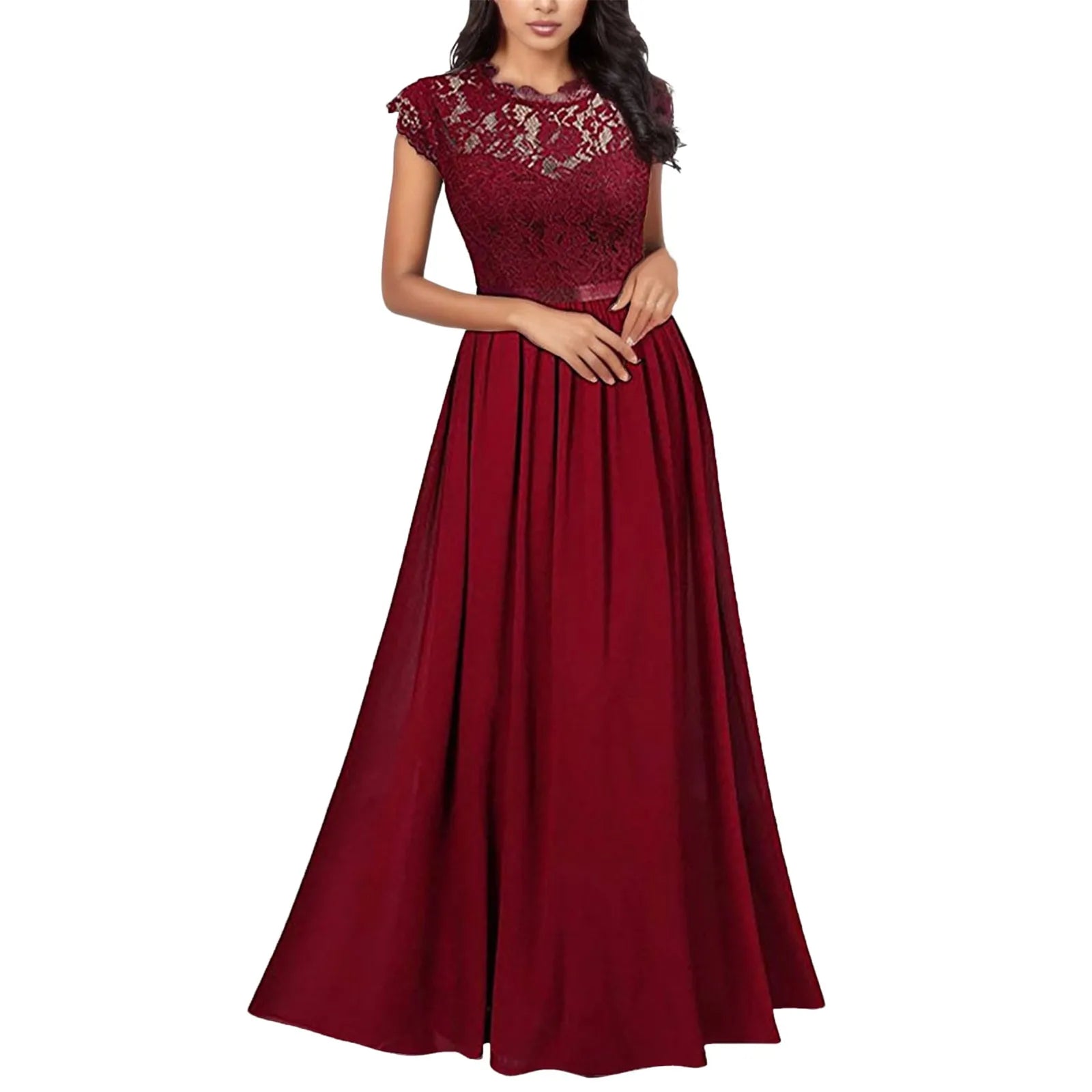 Elegant Women's Bridesmaid Wedding Long Dress Lace V Neck Party Midi Dress Short Sleeved Retro Formal Floor Length Dress - Seprincess