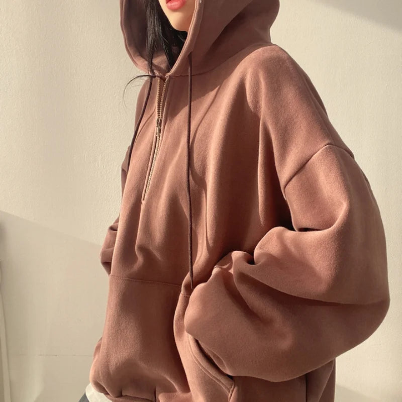 Women Hoodie Harajuku Loose Oversized Solid Color Top Half Zip Up Sweatshirt Female Casual Long Sleeve Pocket Hooded Coats 2024 - Seprincess