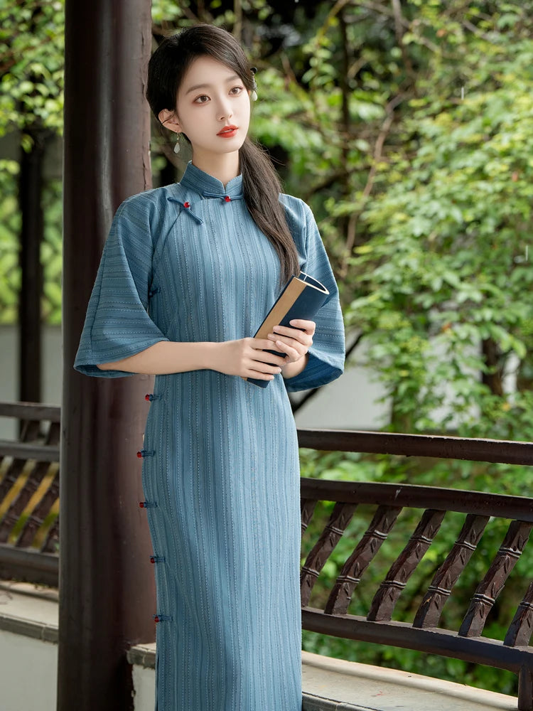 Sexy Red Blue Traditional Dresses Cheongsam Womens Qipao Stripe Stand Collar Robe Orientale Girl Dress Plus Size 23621 - Seprincess