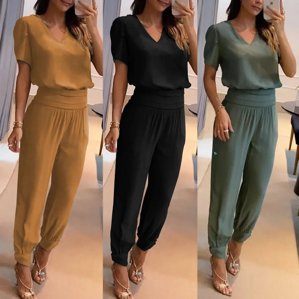 Women's Set 2024 New Fashion And Casual V-neck Printed Short Sleeved Shirt Pants Set Two Piece Set Ladies Outfits Femme Conjunto - Seprincess