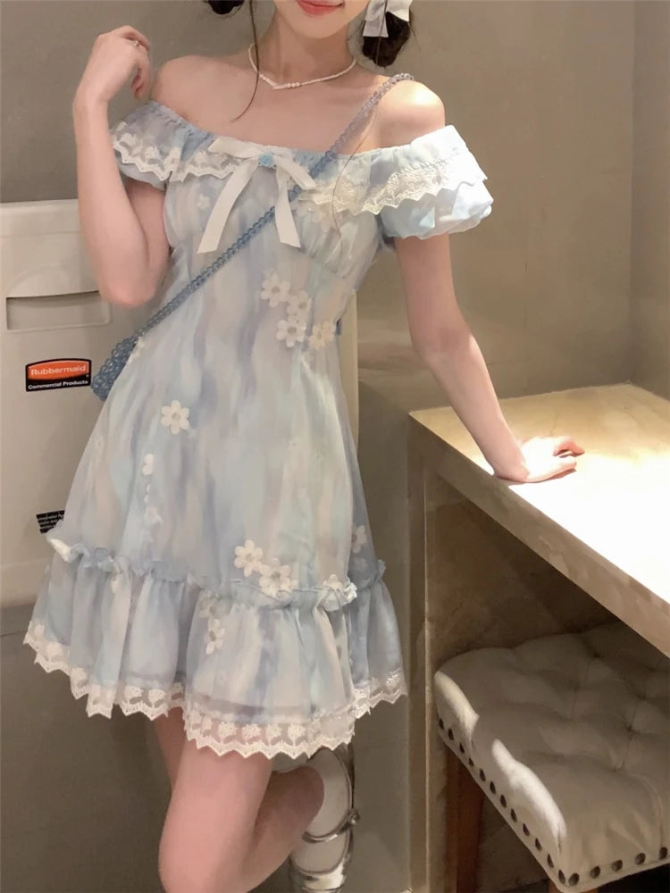 Kawaii Japanese dress lolita y2k Sweet Blue Floral Dress Women Casual Evening Party One Piece Dress Korean Fashion Summer 2024 - Seprincess