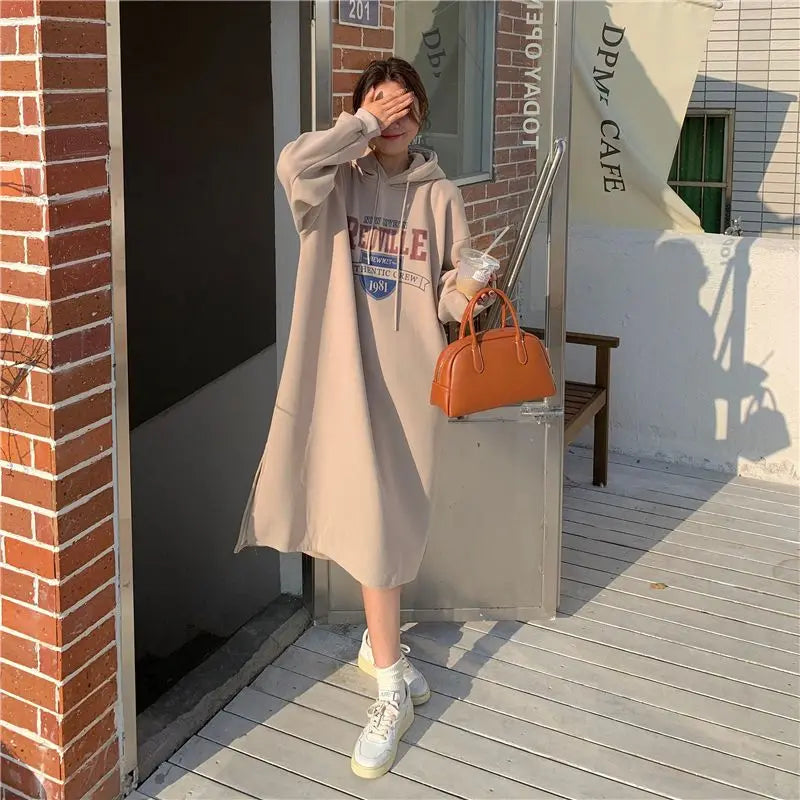 Autumn Winter Women Fleece Thicken Hooded Dress Print Letter Drawstring Korean Fashion Loose Midi Side Slit Oversized Dresses - Seprincess