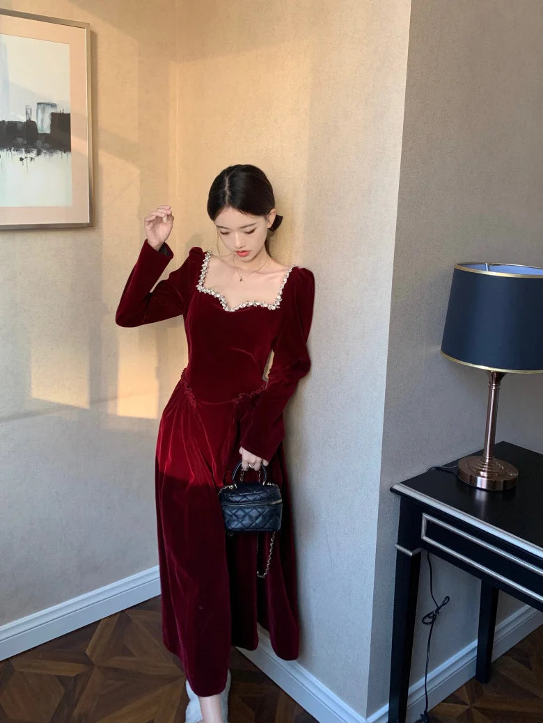 Vintage Evening Party Velvet Dresses for Woman Elegant Fashion Wedding Birthday Prom Long Sleeves Female Clothing Black Robe - Seprincess