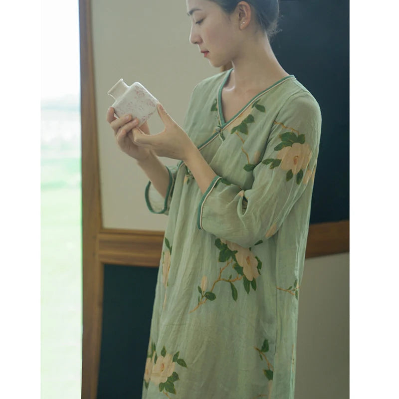 Vintage Robes Original Art Female Loose Qipao Chinese Improved Cheongsam Dress Women Printed V-neck Button Seven-point Sleeve - Seprincess