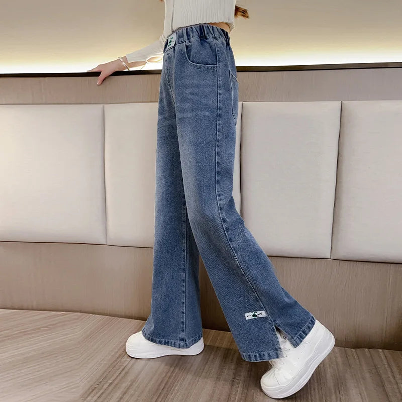 Teenage Jeans for Girls 2024 Spring Summer Casual All-match Loose Kids Leg Wide Pants School Children Trousers 4-16 Years