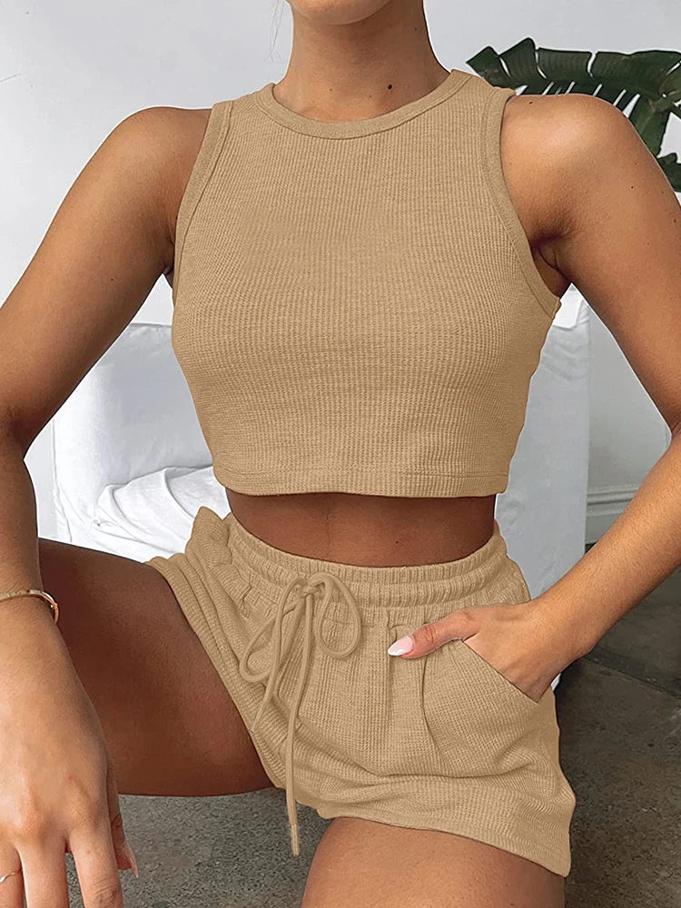 2024 Summer New Sleeveless Waffle Elegant Women's Sets Solid Color Sexy Waist Vest Casual Tethered Shorts Female's Two-Piece Set - Seprincess