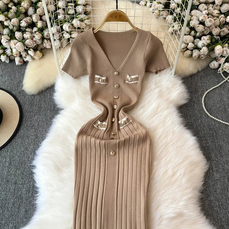 Elegant Knitted Long Dress Women Summer V Neck Single Breatsed Short Sleelve Bodycon Dresses Fashion Party Office Lady Vestidos - Seprincess