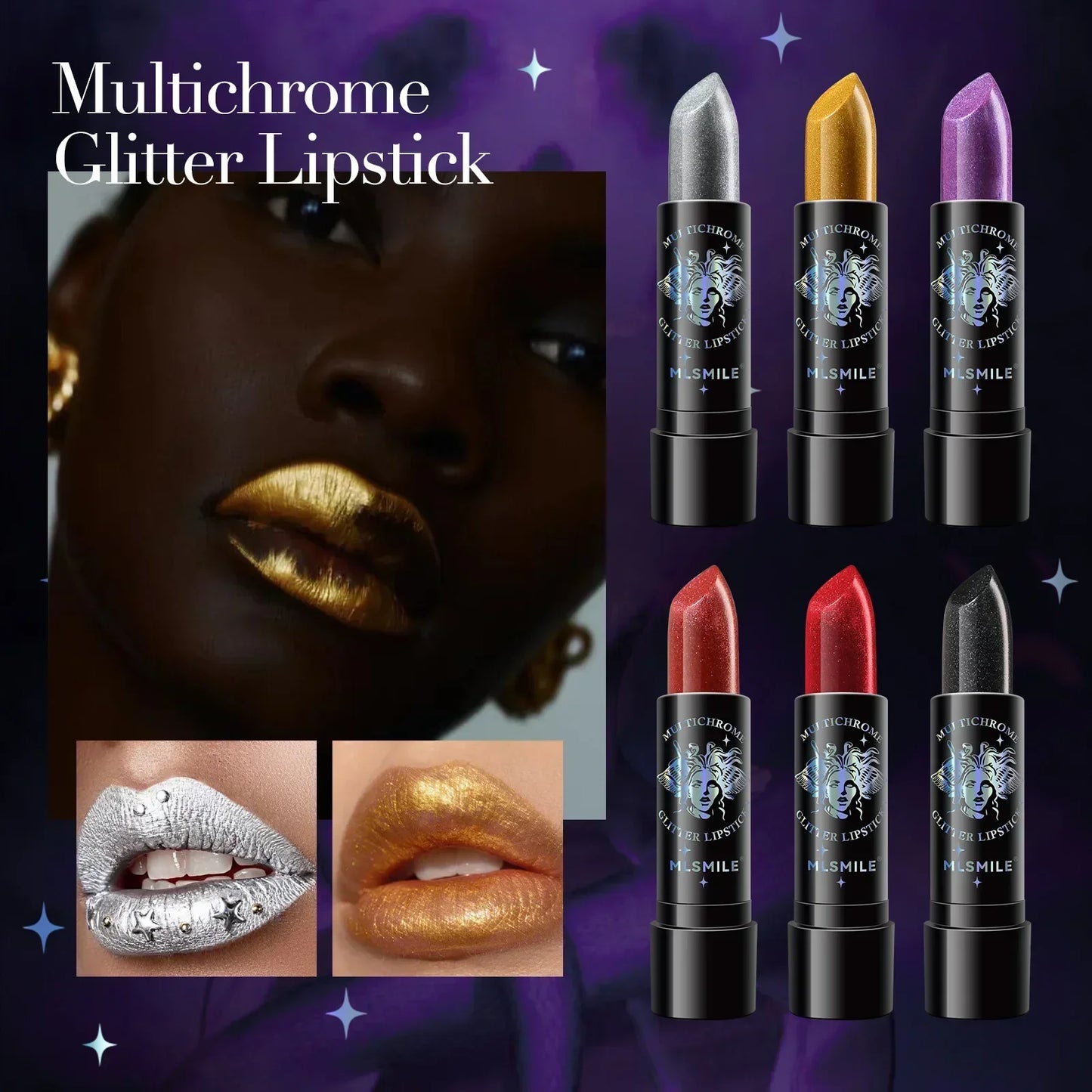 6Colors Glitter Lipstick Waterproof Long Lasting Diamond Pearlescent Metallic Lipstick Black Lipgloss Women Lips Makeup Cosmetic - Seprincess