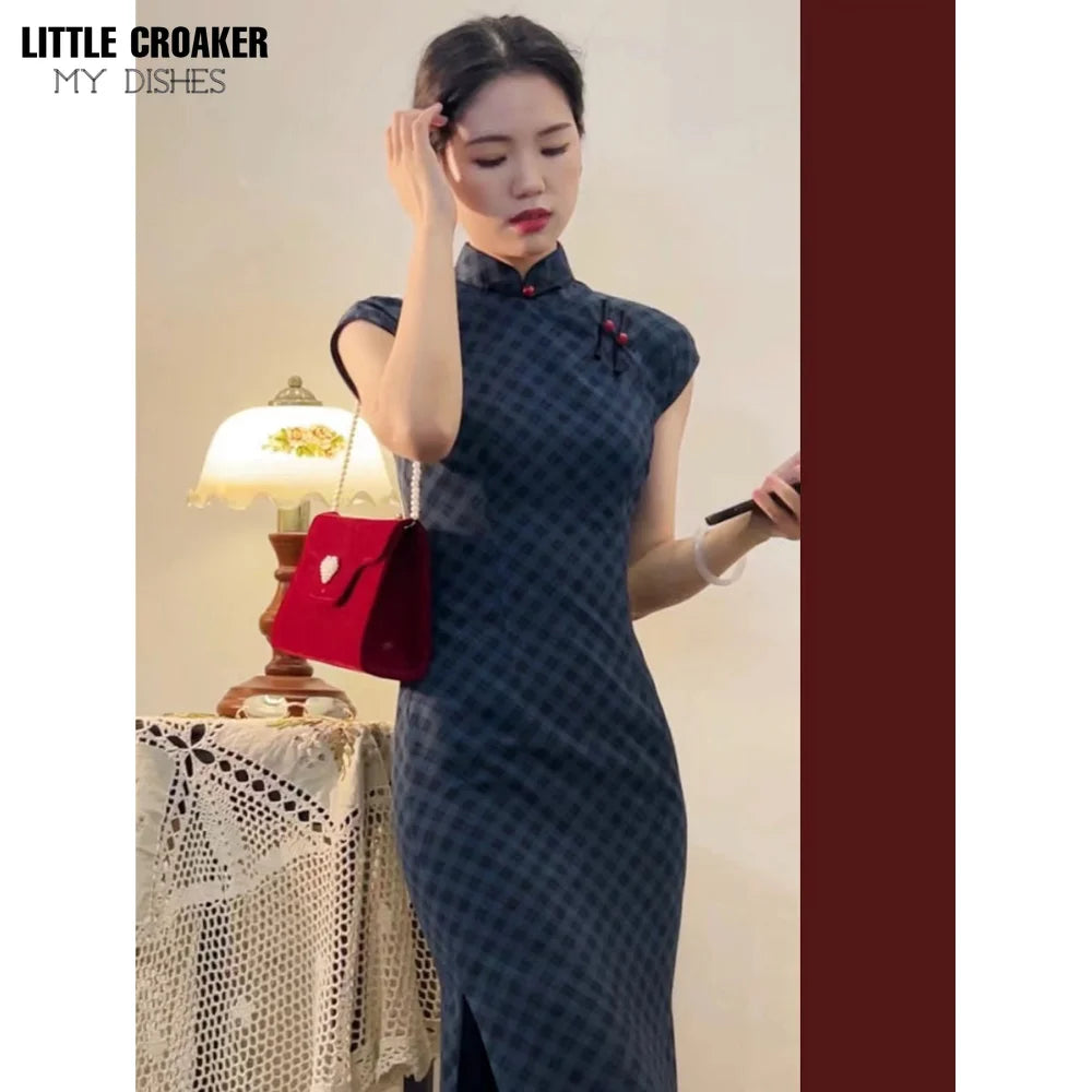 Qipao Mujer Vestido 2023 New Chinese Waist Slim China Style Dress Elegant Navy Blue Improved Cheongsam Dress for Women - Seprincess