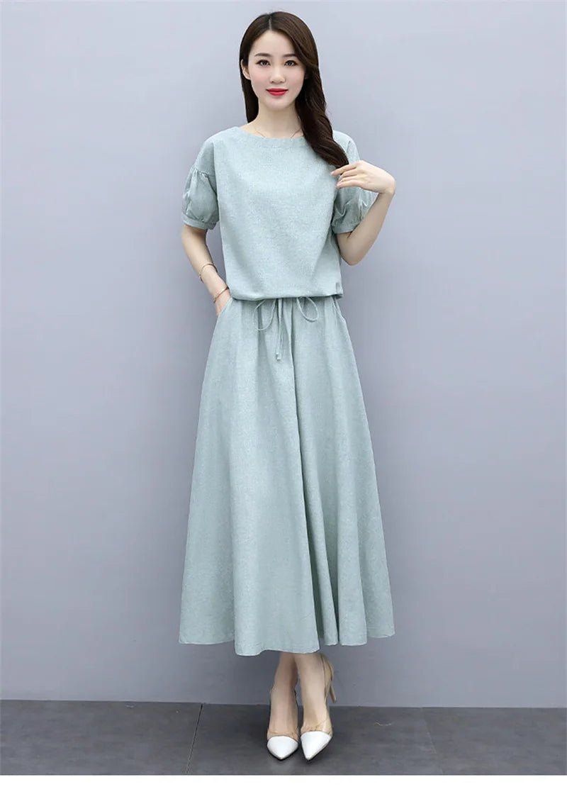 Cotton Linen Skirt Two-Piece Women's Summer 2024 New Set Slim Skirts Sleeve Suit Skirts Fashion 2PCS Temperament Female Outfit - Seprincess