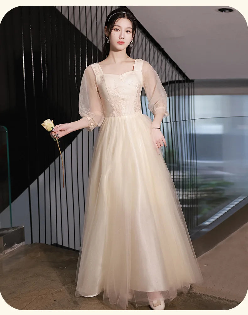 Champagne Bridesmaid Dress Women's Sweet Tulle Embroidery New Temperament Sisters Evening Dresses A-Line Wedding Party Gown - Seprincess