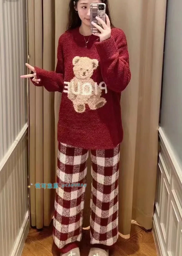 Japan Style Original New Year Teddy Bear Plaid Winter Thick Pajamas Knitted Sweaters Gown Wine Sleepwear Loungewear - Seprincess