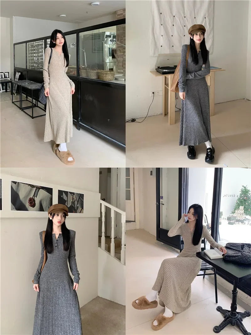 Vintage Versatile Knitted Long Sleeve Dress Women's Slimming A- line Skirt Autumn/winter Waist-fitted Long Dress - Seprincess