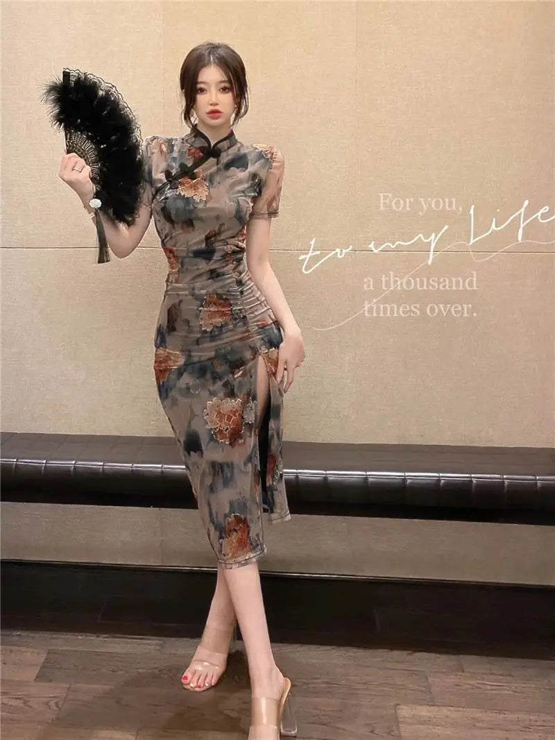 Retro Fenghua Color Imperial Sister Cheongsam Goddess Style Improved Qipao Women's Summer Slim Fit Show Body Slit Bag Dress - Seprincess