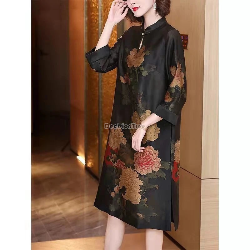 2024  chinese style disc buckle loose style printed cheongsam dress women spring stand collar retro daily long qipao skirt w300 - Seprincess