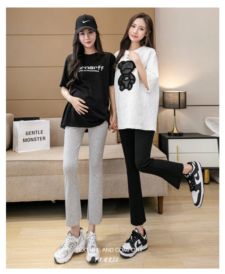 Spring Pregnant Woman Ankle-Length Pants Cotton Stretch Outside Wear Casual Maternity Boot Cut Thin Pregnancy Flare Trousers