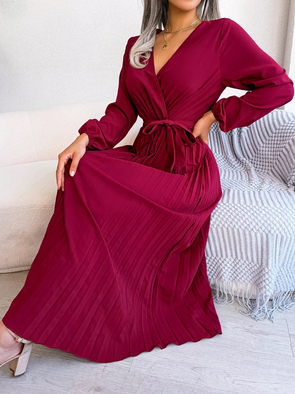 Women Elegant V Neck Long Sleeve Pleated Maxi Dress - Seprincess