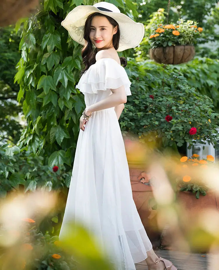 Women's Summer Beach Style Chiffon White Long Dress Lady Graceful Fairy Layers Ruffles Off-Shoulder Dresses Evening Party Gown - Seprincess