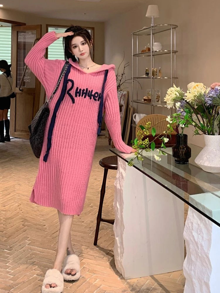 Autumn Winter Casual Dress for Women Long Sleeve O Neck Ruffles Hem Knitted Dresses Fashion Loose Elegant Streetwear - Seprincess