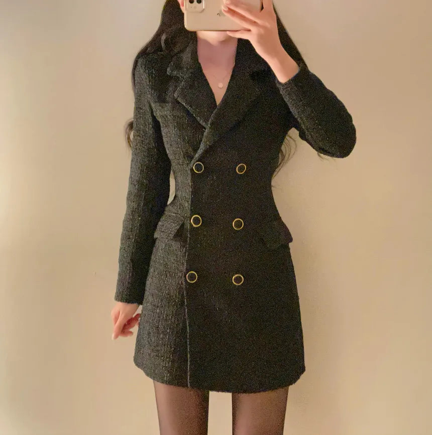 Elegant Tweed Blazer Dress Double Breasted Slim Short Dresses for Women Korean Fashion Office Lady Coat Dress Autumn Winter New - Seprincess