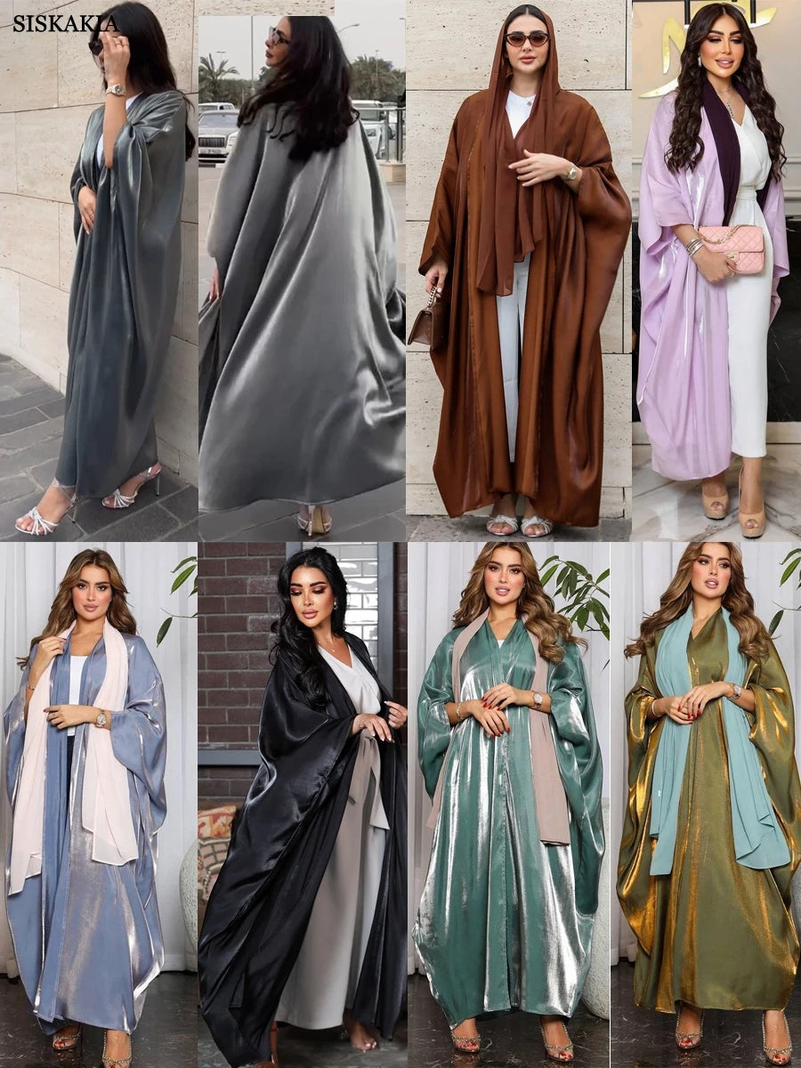 Siskakia Kimono Abayas for Women Modest Muslim Moroccan Dubai Fashion Casual Open Abaya Silk Satin Corban Eid Al Adha 2023 New - Seprincess