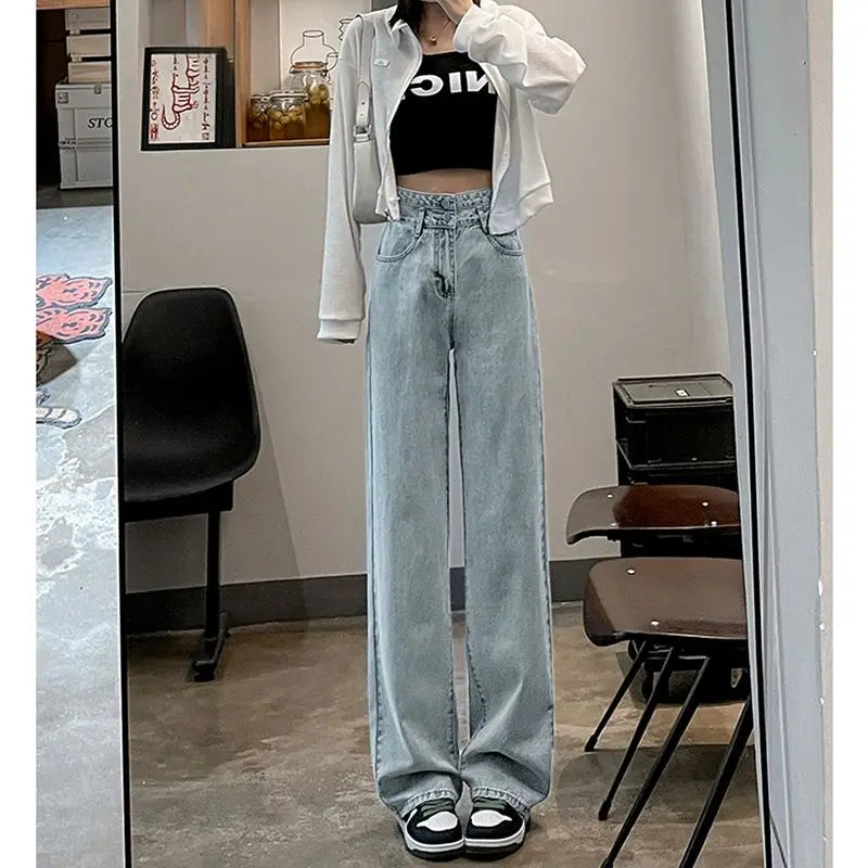 Solid Pockets Button High Waist Jeans Elegant Fashion Harajuku Slim Fit Female Clothes Casual Sweat All Match Straight Pants