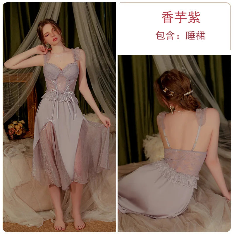 Sexy Strap Nightgown Female Lace Sleepwear Gown Intimate Lingerie Summer Women Robe Nightgown Silky Satin Home Wear Dress - Seprincess