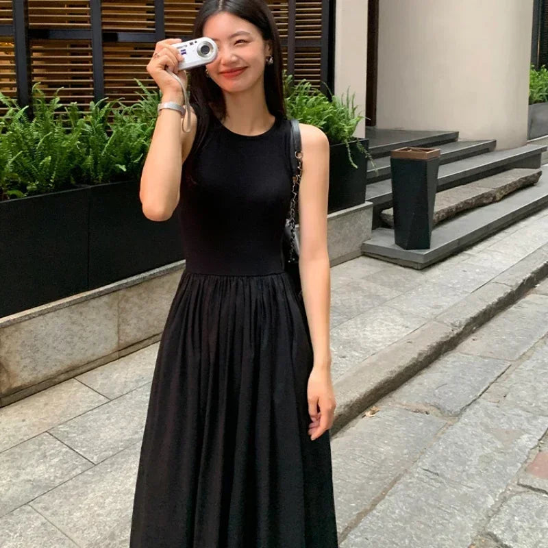 TKNOLEGE New Summer Casual Korean Sleeveless Dresses  Solid Color O-neck Women High Waist Temperament Female Long  Dress - Seprincess