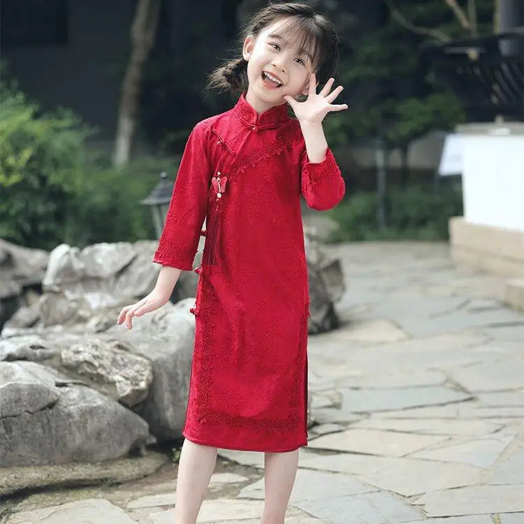 Children's Hanfu Cheongsam 2023 Autumn Winter New Retro Princess Dress Chinese Traditional Qipao Baby Girl Qipao Dress Kids - Seprincess