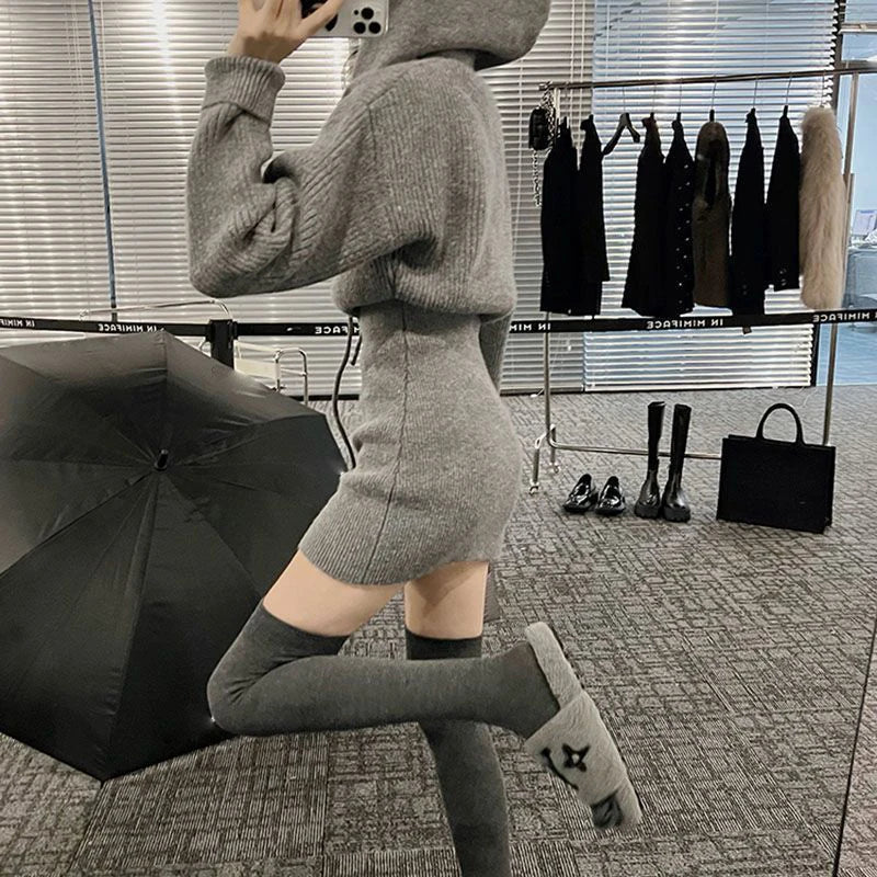 MEXZT Streetwear Knitted Mini Dress Women Hooded Sweater A Line Dresses Winter Korean Solid High Waist Slim Casual Vestidos New - Seprincess