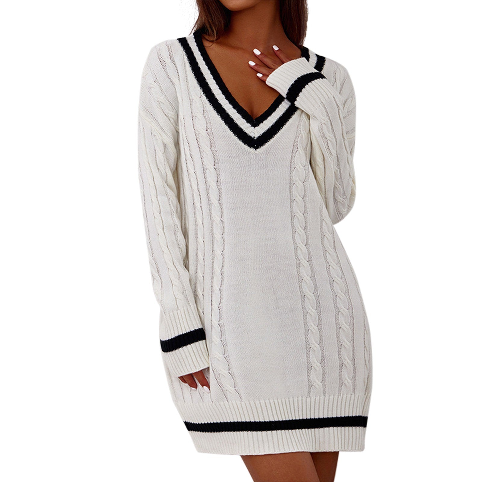 Women'S Autumn V Neck Long Sleeved Super Knitted Thick Pullover Short Sweater Dress Commuting Taupe Sweater Dress For Women - Seprincess