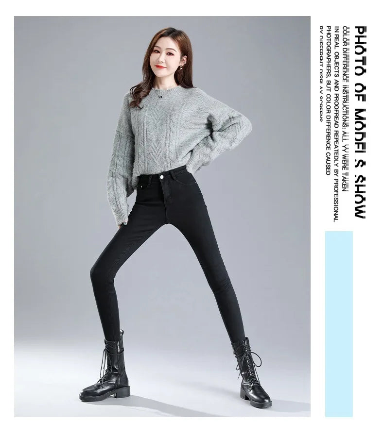 Thickened High-Waisted Fleece-Lined Jeans Women's Slimming Tightening Pants Winter New Elastic Pants Slimming Thickened