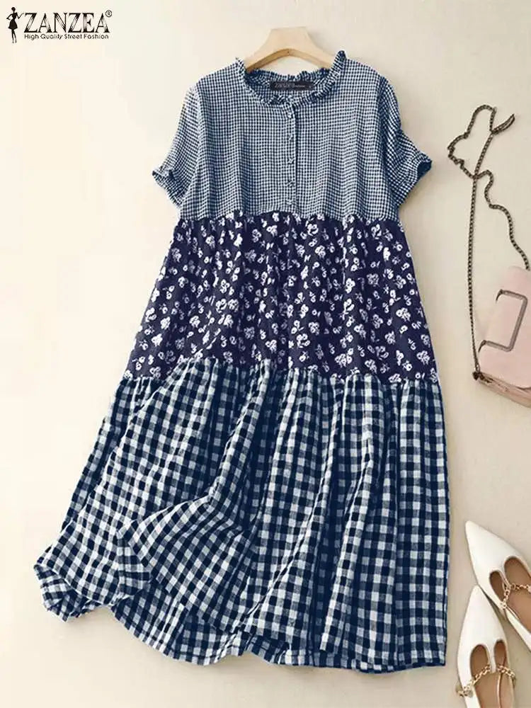 ZANZEA Women Plaid Long Dress 2024 Summer Holiday Pleating Stitching Shirt Dress Casual Loose Short Sleeve Robe Fashion Sundress - Seprincess