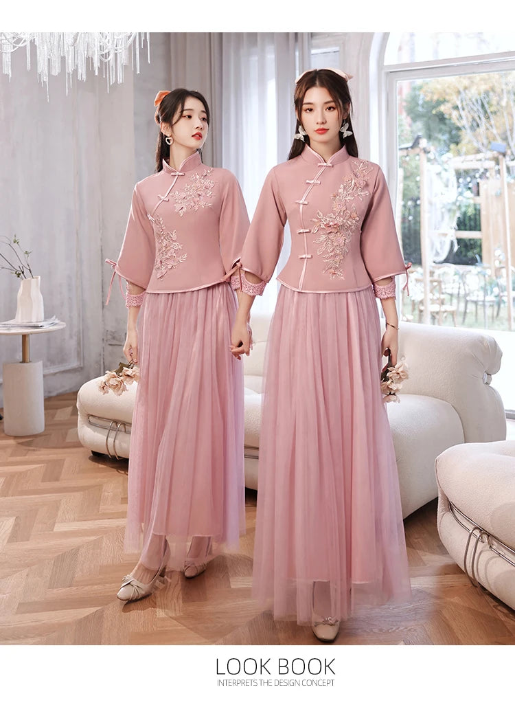 Chinese Wedding Dresses Qipao Traditional Bridesmaid Elegant Khaki Pink Cheongsam Modern Three Quarter Sleeves Outfits for Girls - Seprincess