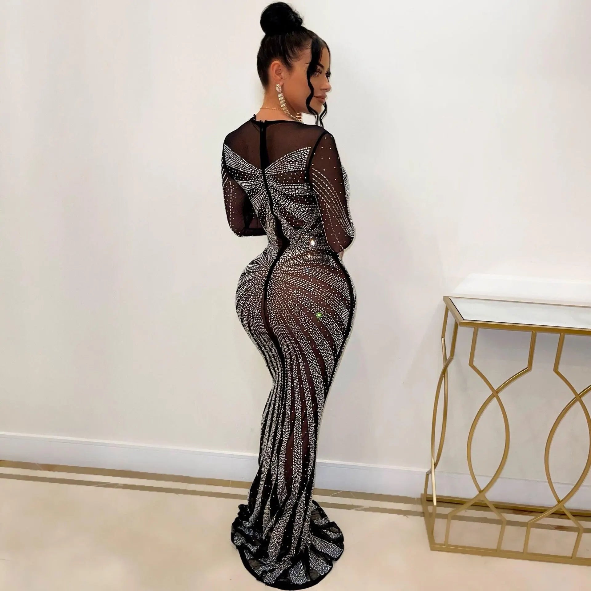 Sexy Rhinestone Crystal Mesh See Through Maxi Dress New Women Long Sleeve Birthday Night Clubwear Long Dress Wedding Party Dress - Seprincess