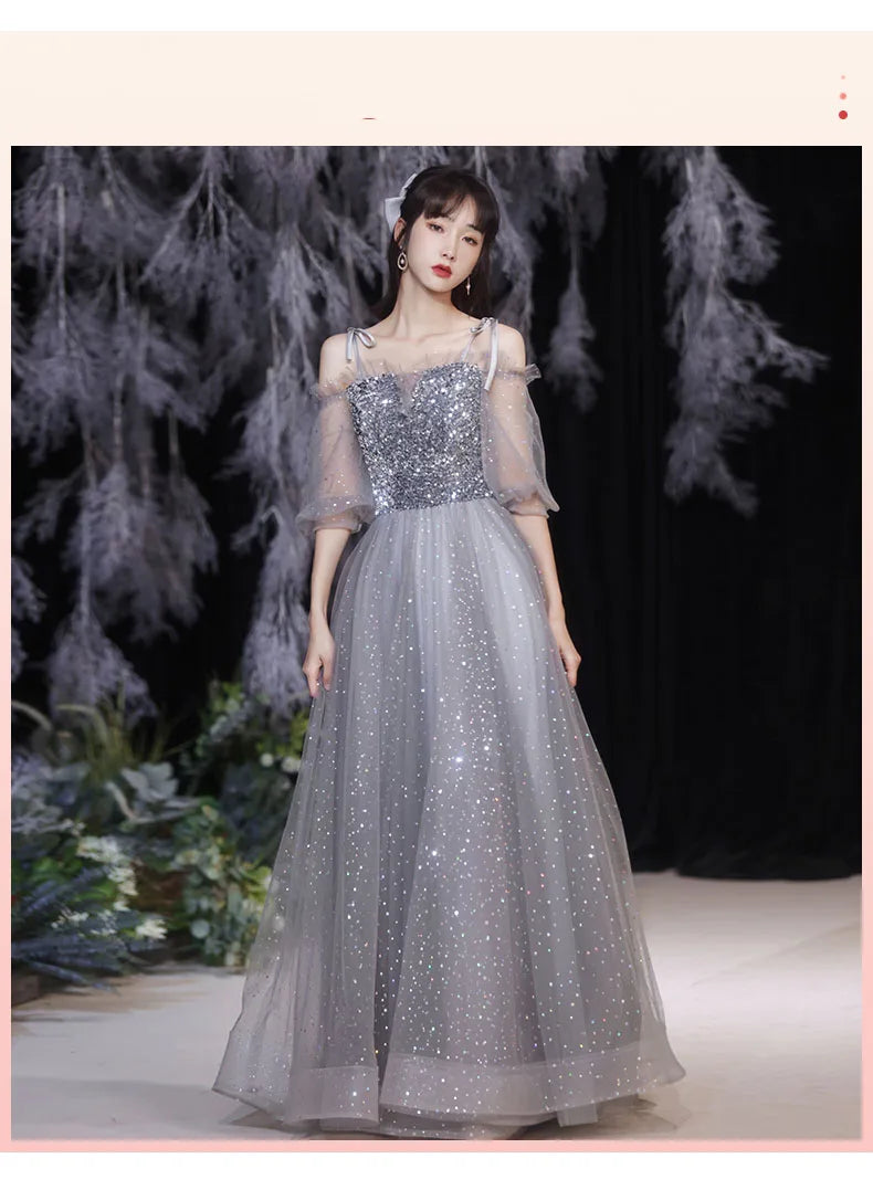 Grey Bridesmaid Evening Dress Women Off Shoulder Sequins Wedding Party Vestidos Fairy Temperament Sisters Group Gown Summer