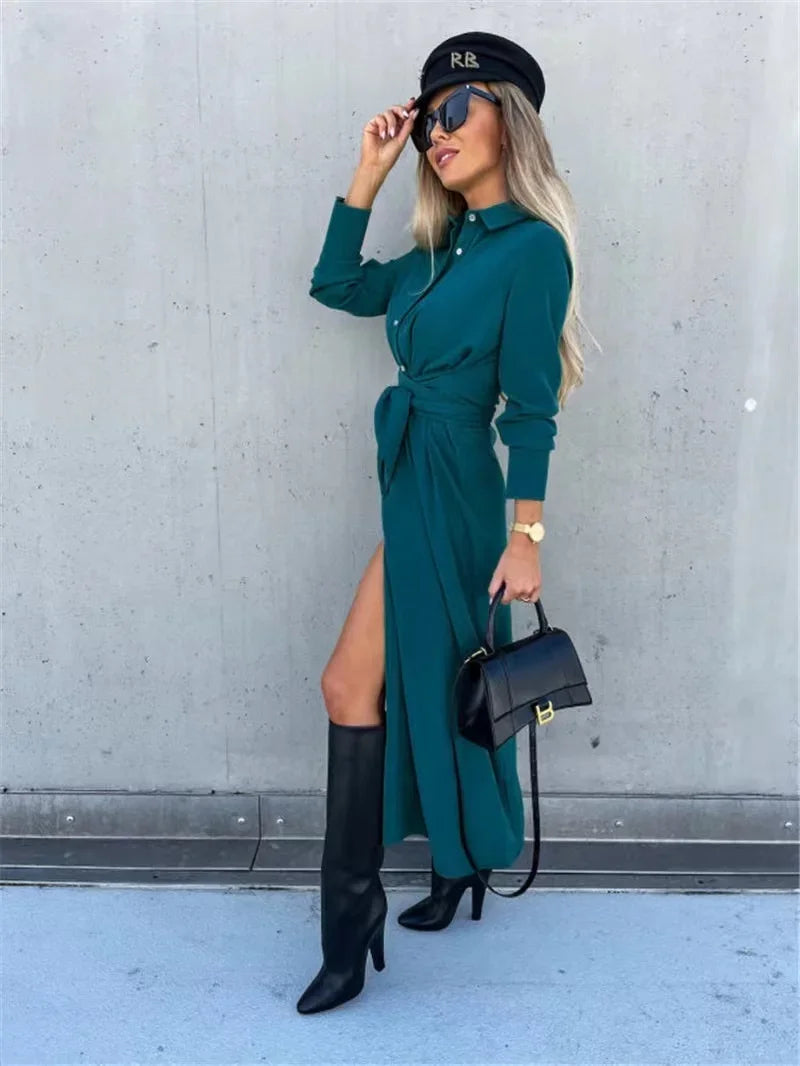 2024 Solid Long Sleeve Shirt Dress Women Lace up Single Breasted Beach Maxi Party Dresses Turn-down Collar Split Sash Vestidos - Seprincess