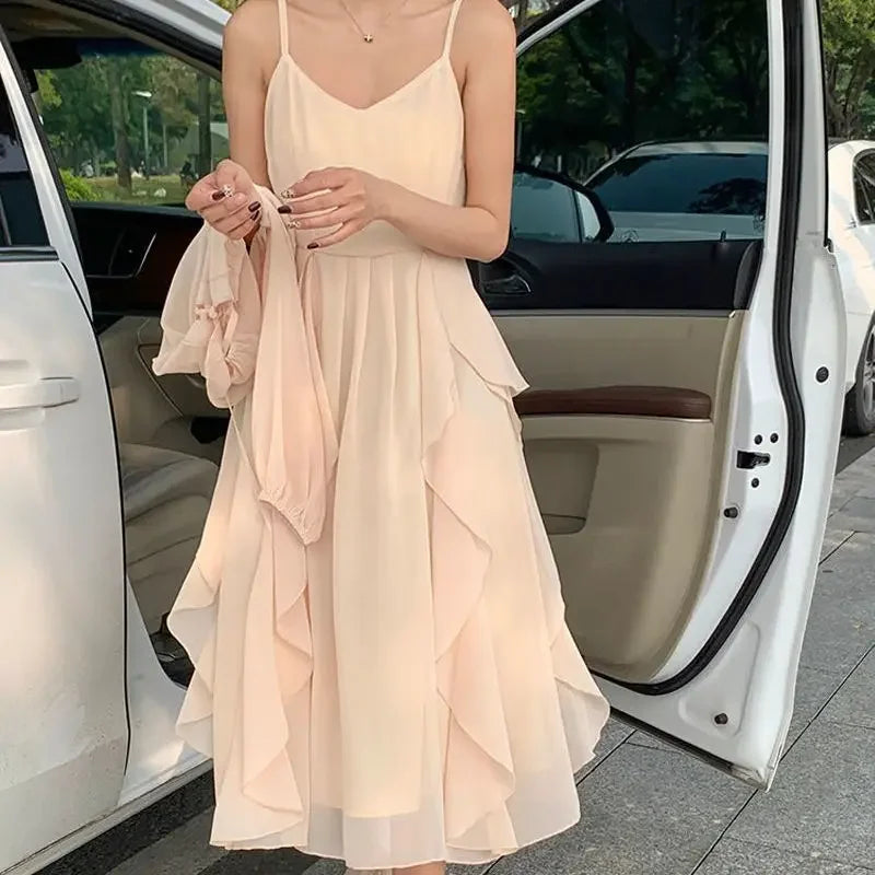 2024 Summer New Women's Ruffle Edge Tank Dress Long Sleeve Sun Protection Cardigan 2-piece Set Soft Fairy-like Design - Seprincess