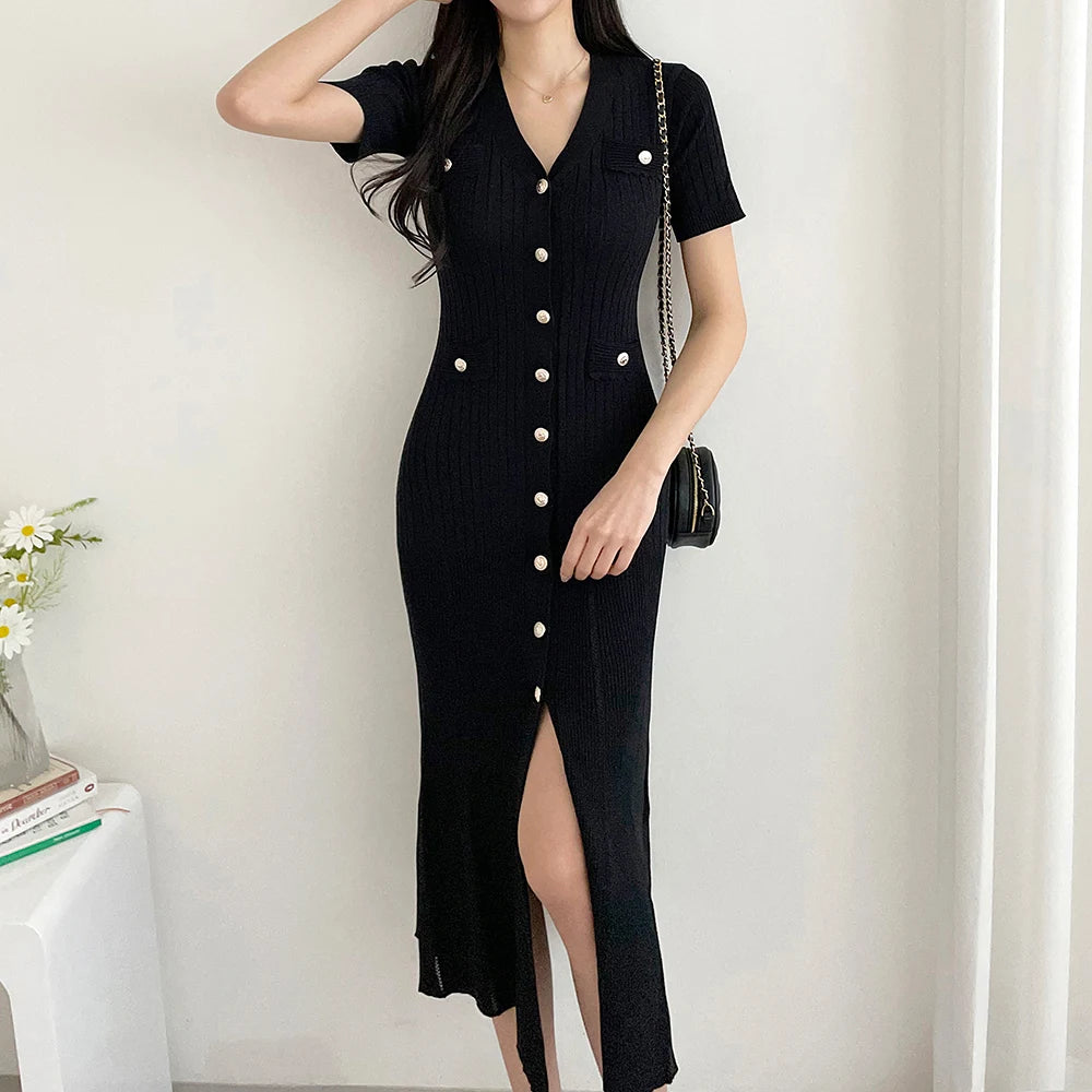 Summer Midi Dress Women Knitted Black Bodycon Korea Style Ruffle Ladies Dresses Elegant Fashion Casual Woman Dress 2024 - Seprincess