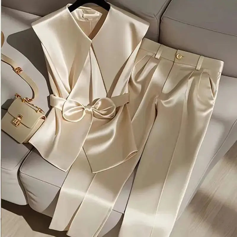 Fashion Satin Celebrity Outfits Elegant OL Peter Pan Collar Bow Sleeveless Vest + High Waist Wide Leg Pants Two Piece Set 376P - Seprincess