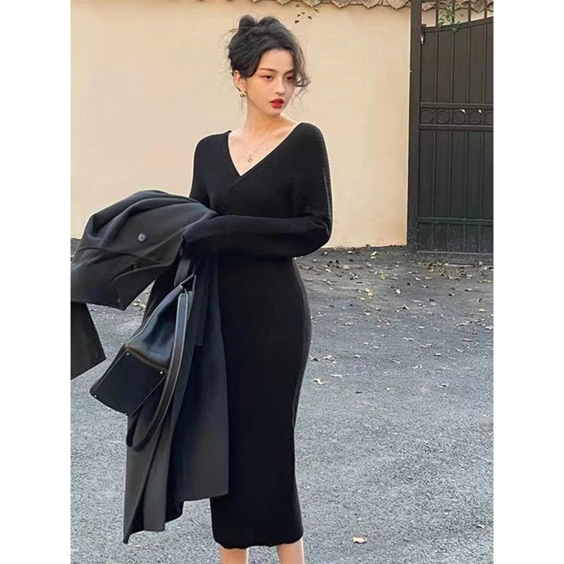 Elegant Knitted Midi Dress Women Fashion Black Sexy V Neck Sweater Dresses Winter Ladies Korean Bodycon Chic A Line Vestidos New - Seprincess