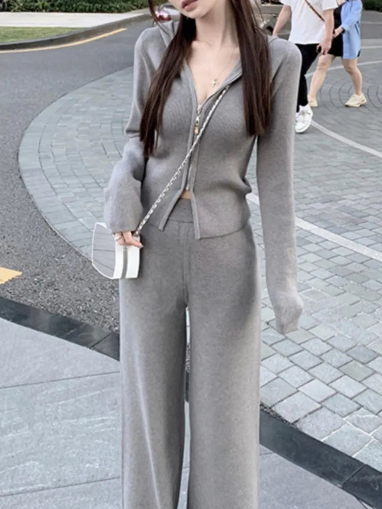 Women's Knitted Tracksuits Casual Hooded Jacket & High Waist Long Pants 2 Piece Set Femme Fashion Clothing Outfit - Seprincess